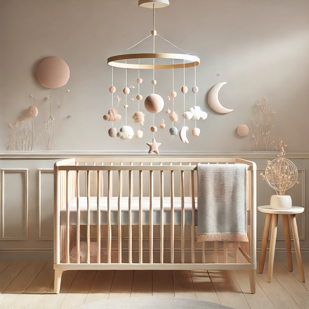 Lit de bébé aux tons pastel dans une chambre paisible, avec un mobile suspendu au-dessus du lit, composé de formes délicates comme des étoiles et des nuages. L'éclairage doux et la décoration subtile apportent une ambiance calme et réconfortante.