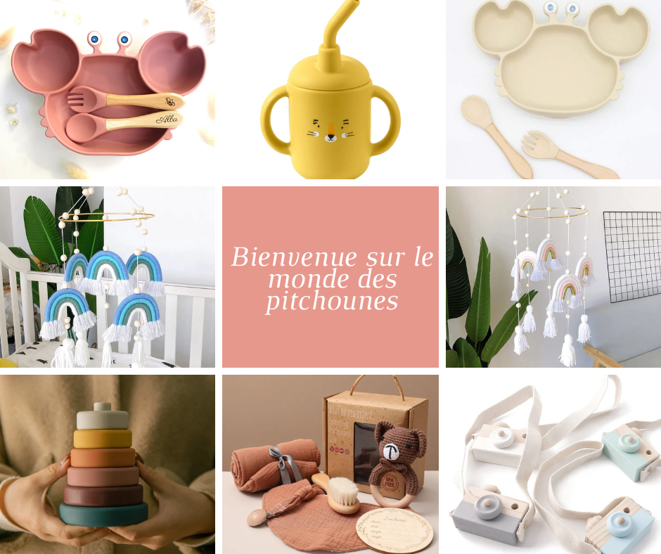 Presentation de cadeaux de naissance personnalisés proposés par le monde des pitchounes