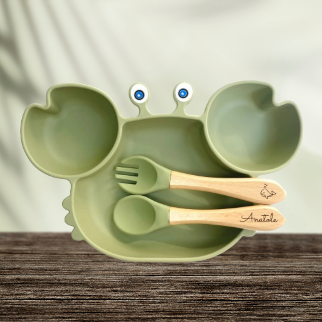 Cadeau de naissance : Set de Repas personnalisé Assiette et couverts en forme de Crabe