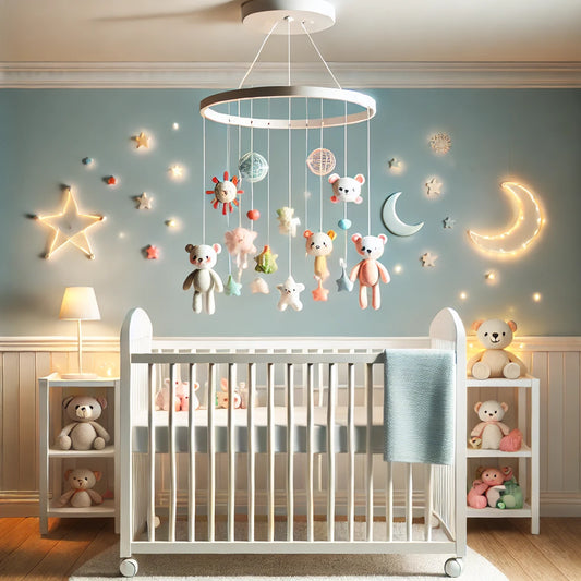 Une chambre de bébé lumineuse et accueillante avec un berceau blanc au centre. Au-dessus du berceau, un mobile coloré avec des étoiles, des lunes et des animaux mignons qui tournent doucement.