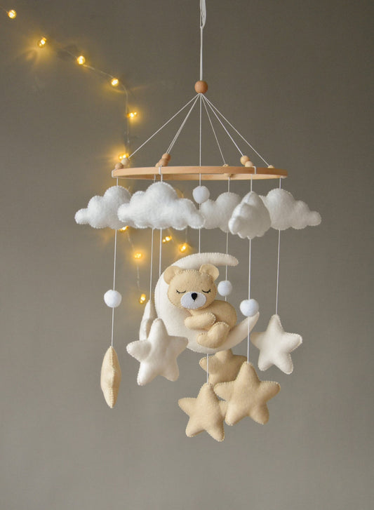 Mobile de Lit Nuages Étoiles - Ourson Dormeur Beige