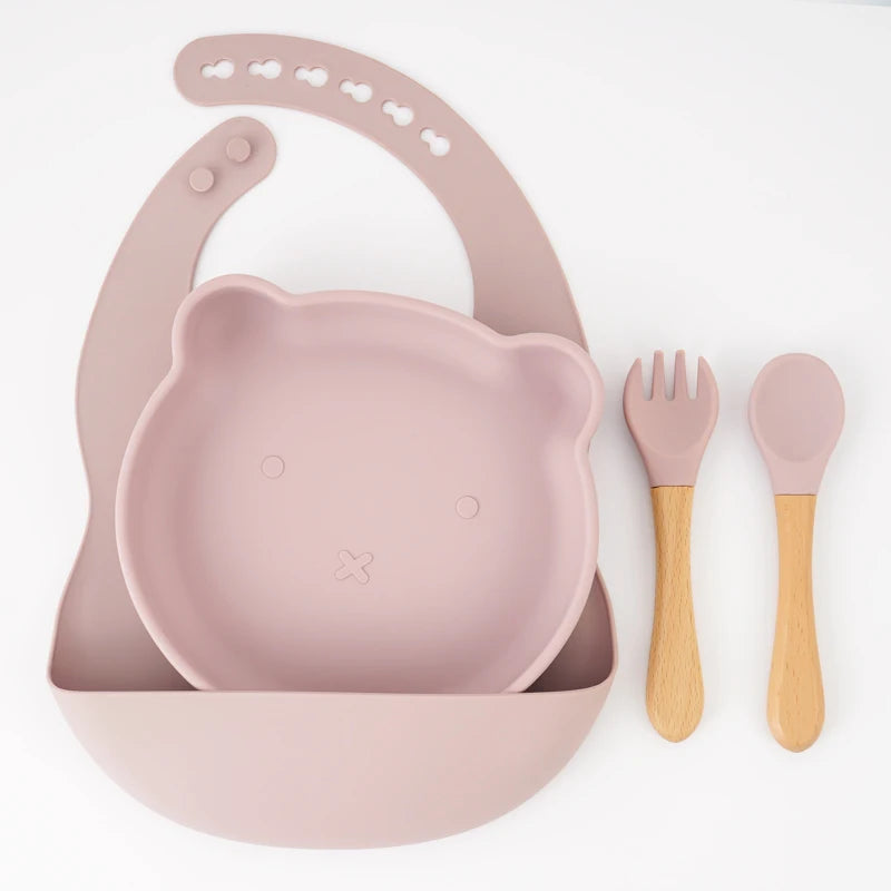 Set Repas Bébé Ours en Silicone et Bambou