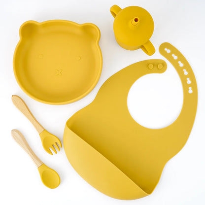 Set Repas Bébé Ours en Silicone et Bambou