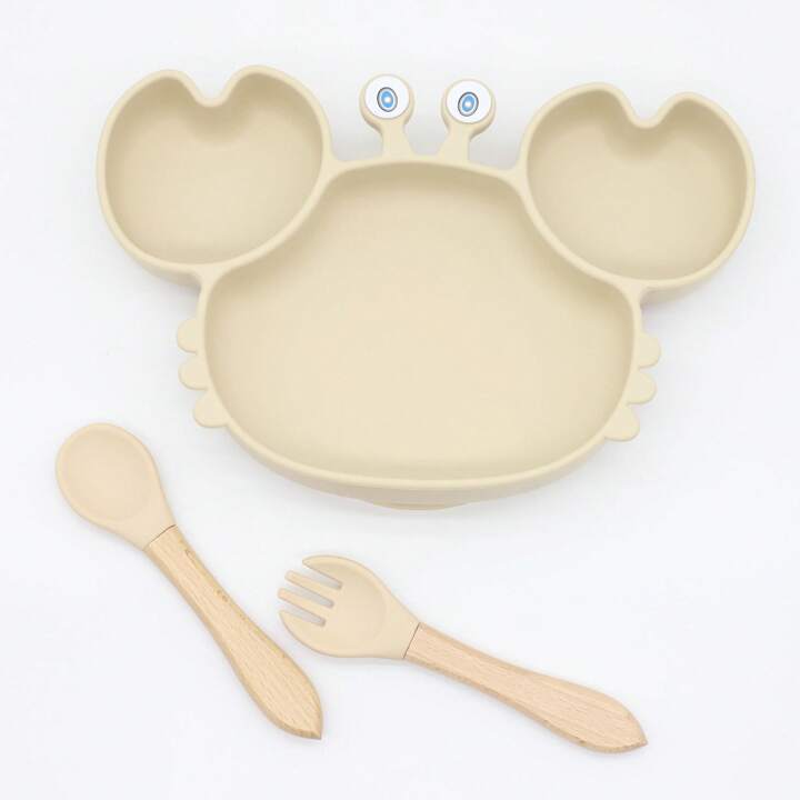 Set de Repas personnalisé Assiette et couverts en forme de Crabe - Beige- Le monde des pitchounes