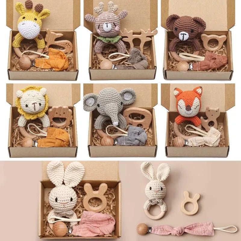 Coffret Cadeau de Naissance – Hochet crocheté, anneau de dentition, attache tétine en bois - Éléphant- Le monde des pitchounes