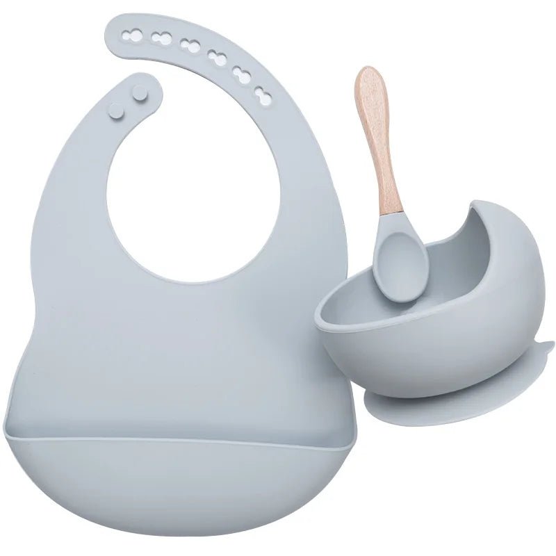 Set Repas Bébé Silicone et Bambou - Bleu-gris- Le monde des pitchounes